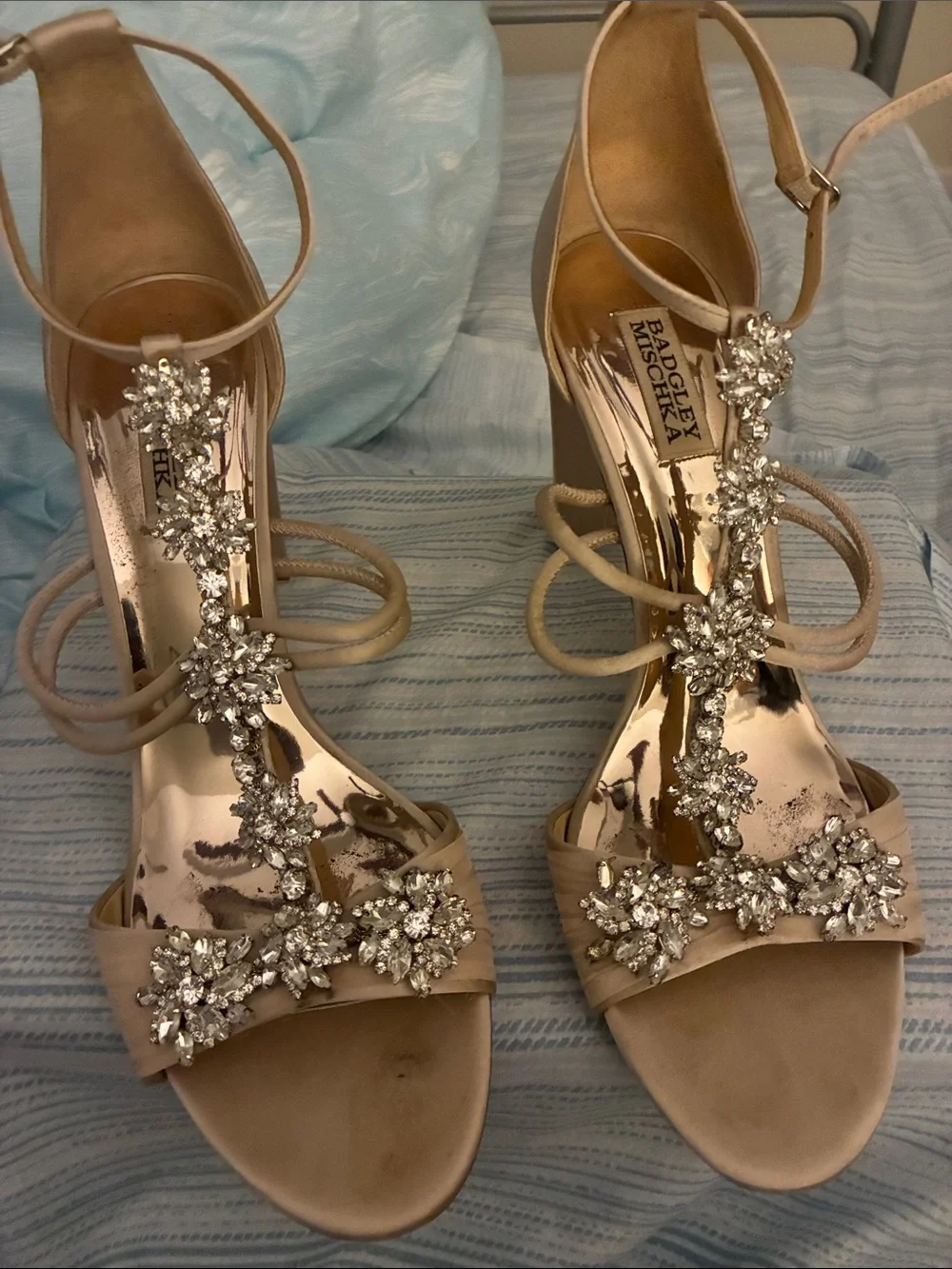 Badgley Mischka Nude Crystal T-Strap Sandals